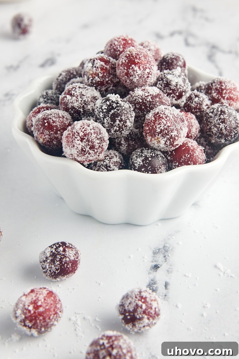 A beautiful bowl of sugared cranberries resting on a elegant marble surface, with loose cranberries scattered around for an artistic touch.