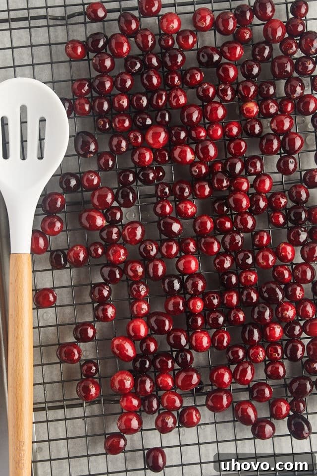 Overhead view of syrup-coated cranberries spread in a single layer on a wire rack, allowing them to dry and become tacky.