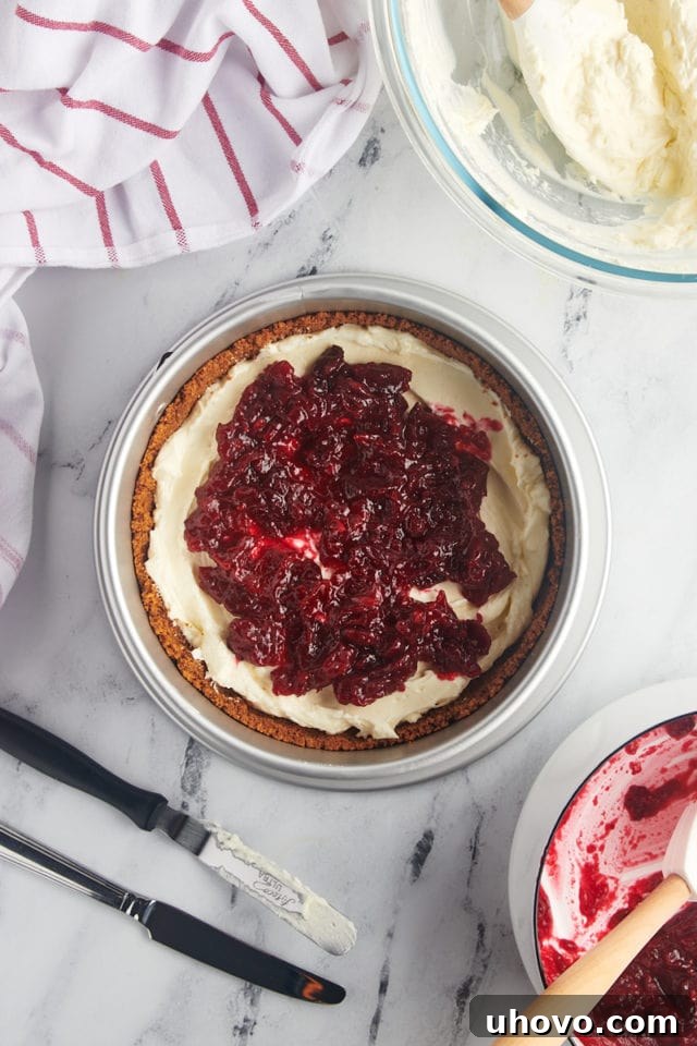overhead view of the first layer of cranberry sauce added to no-bake cranberry cheesecake