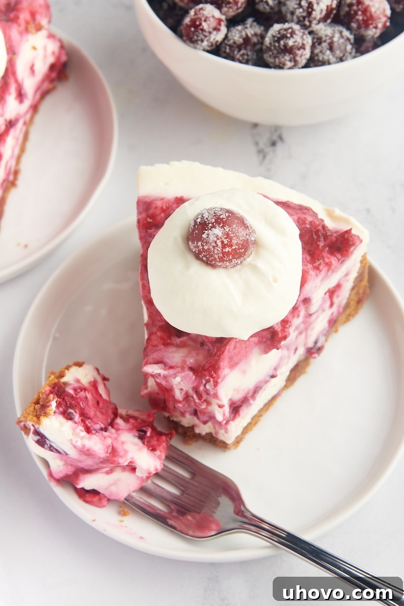 a slice of no-bake cranberry cheesecake with a bite on a fork on a white plate