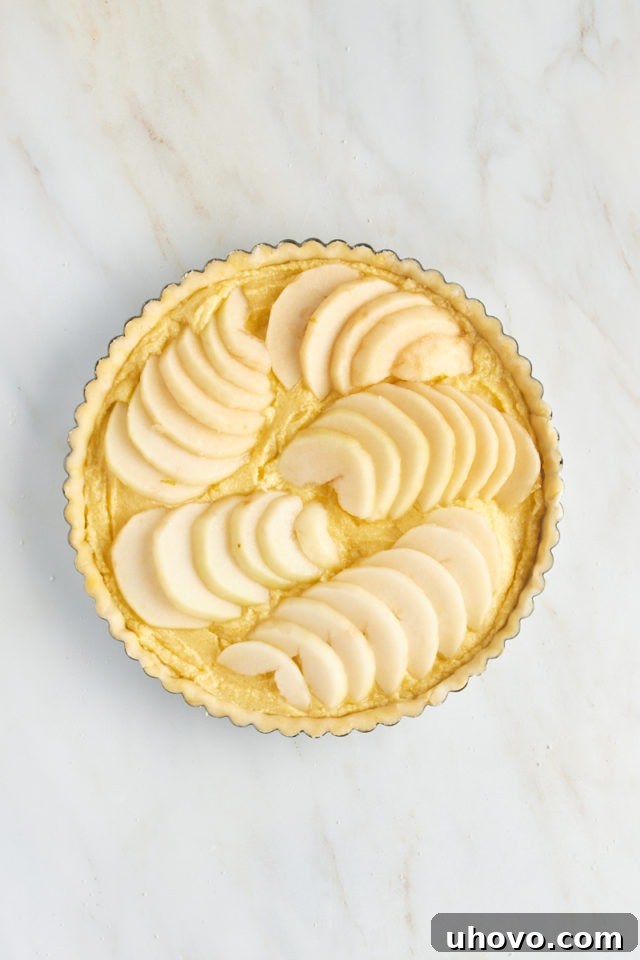 Overhead view of the pear frangipane tart with perfectly arranged pear slices on top, before adding optional sliced almonds.