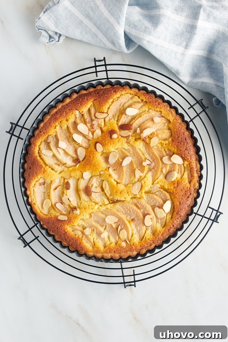 Overhead view of a freshly baked pear frangipane tart cooling on a wire rack, showcasing its golden crust and beautifully arranged fruit.