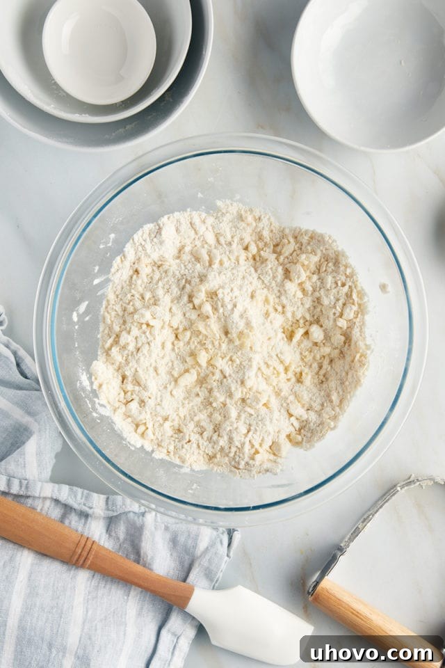Overhead view of dry ingredients and butter mixed together in a glass bowl, forming coarse crumbs for the tart dough.