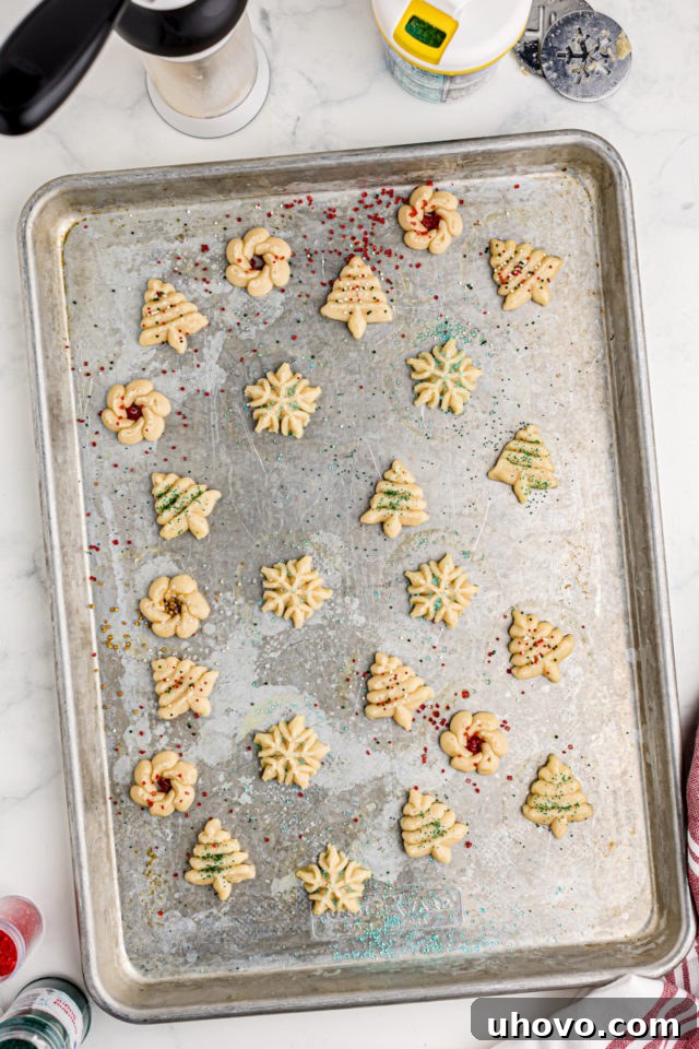 An overhead view of freshly pressed spritz cookies, beautifully topped with colorful sprinkles, arranged on a baking sheet, ready for the oven.