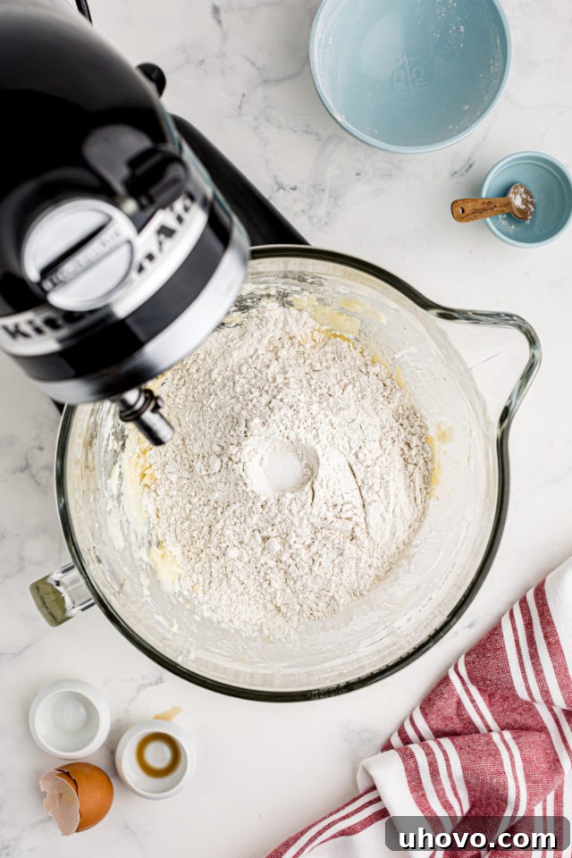 An overhead view of all-purpose flour and salt being added to the wet spritz cookie dough mixture in the stand mixer bowl, ready for final mixing.