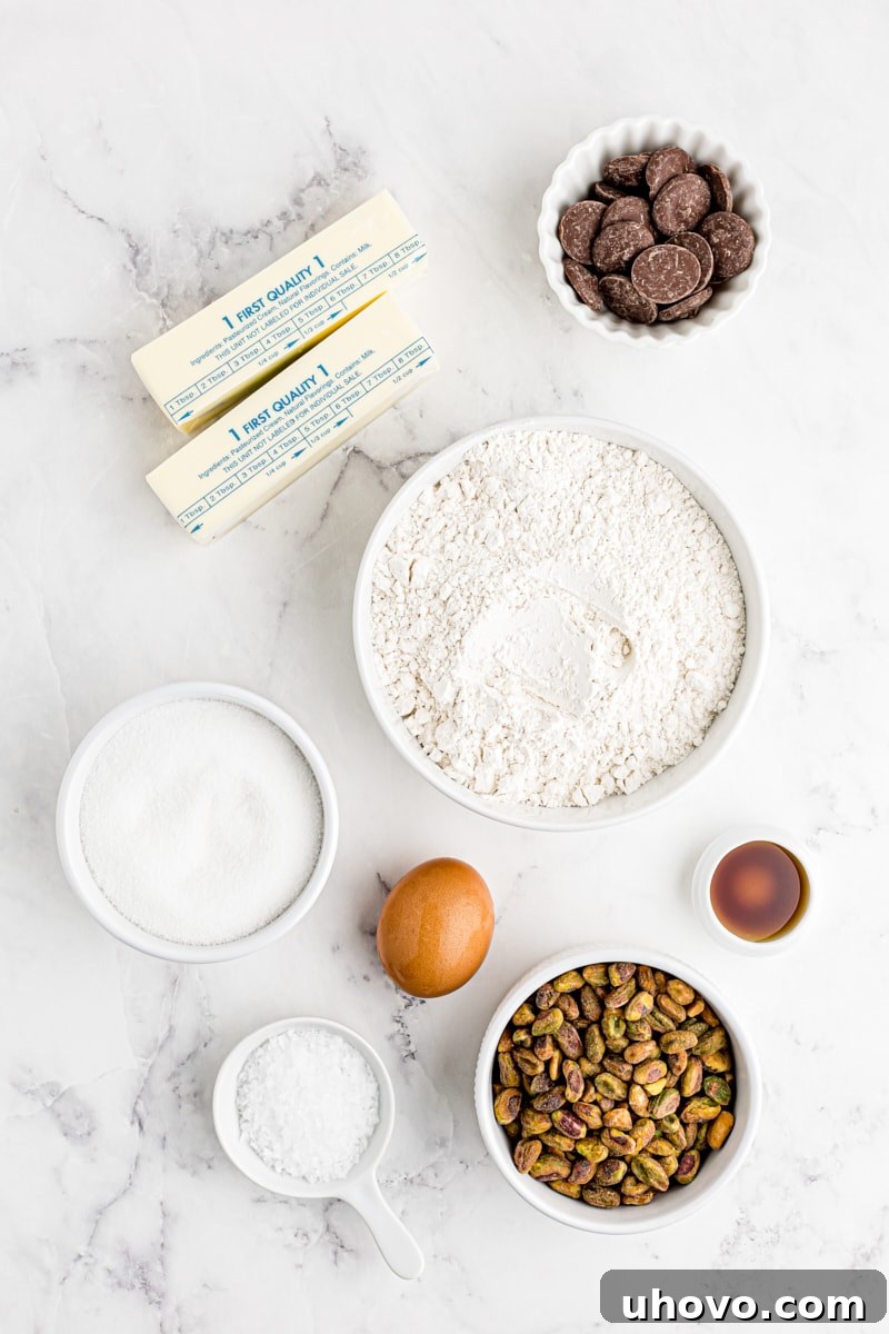 overhead view of ingredients for pistachio cookies