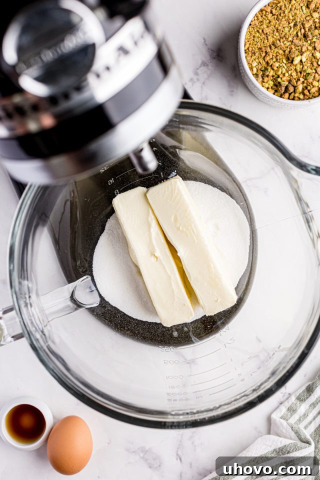 overhead view of sugar and butter in the bowl of a stand mixer