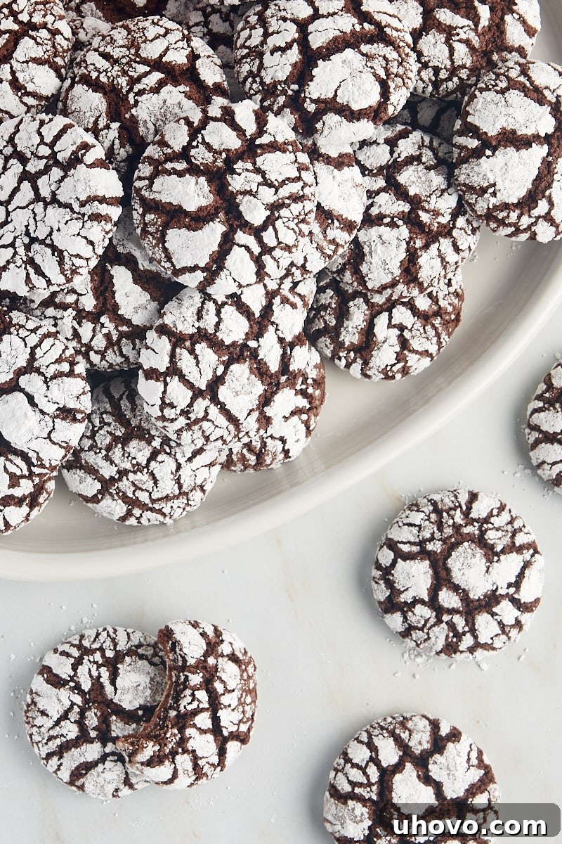 Overhead view of chocolate crinkle cookies arranged on a large white serving plate, with more cookies scattered on a marble countertop.