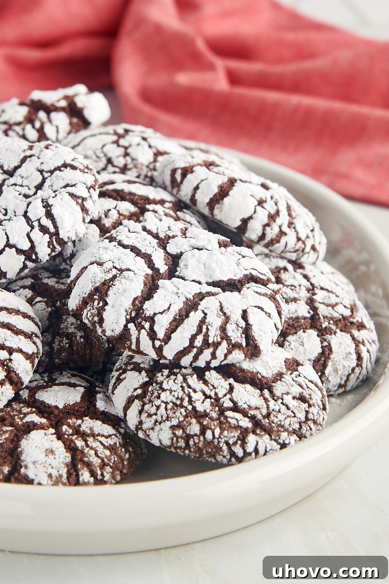 Chocolate crinkle cookies piled high on a white plate, ready to be served.