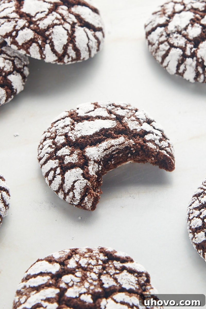 A chocolate crinkle cookie with a bite missing, highlighting its soft interior, surrounded by more cookies on a white surface.