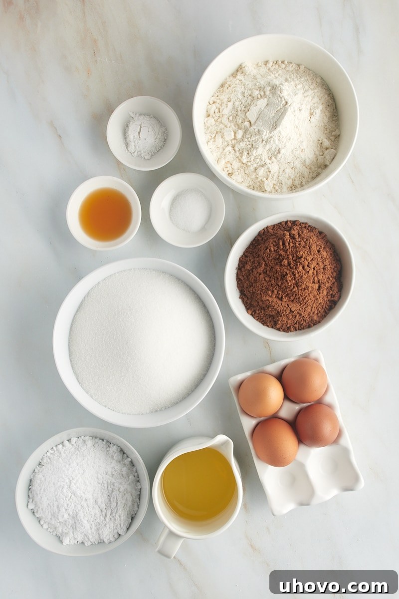 Overhead view of all the key ingredients for chocolate crinkle cookies laid out on a marble surface.
