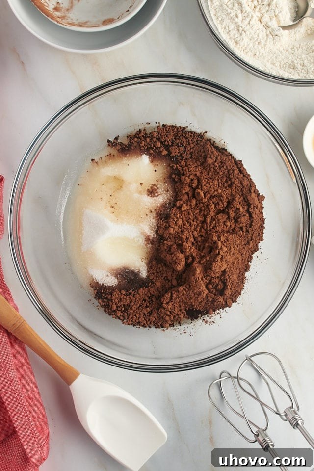 Overhead view of granulated sugar, cocoa powder, and canola oil being mixed in a glass bowl with an electric mixer, forming a dark, glossy mixture.