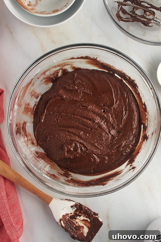 Overhead view of the fully mixed chocolate crinkle cookie dough in a glass bowl, thick and sticky.