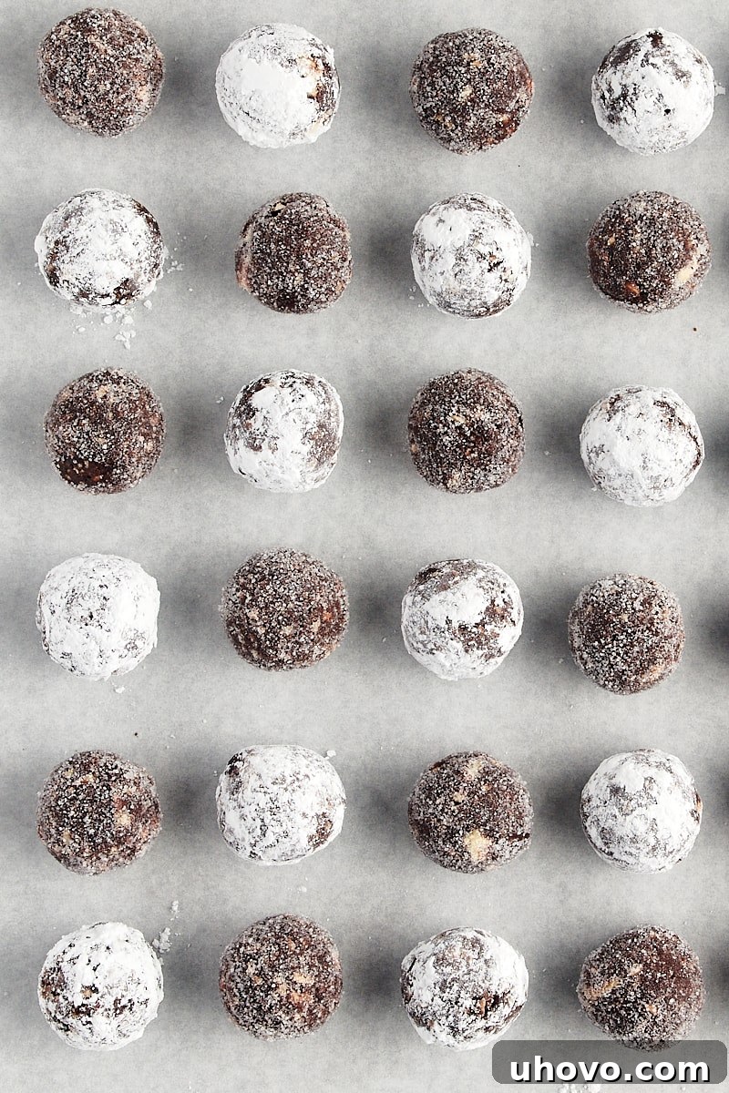 overhead view of bourbon balls on white parchment paper