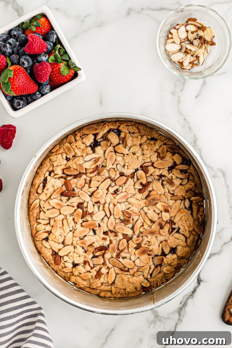 Overhead view of a freshly baked Italian Jam Crostata still in its springform pan, resting on a white marble surface, showcasing its golden-brown crust and glistening jam.
