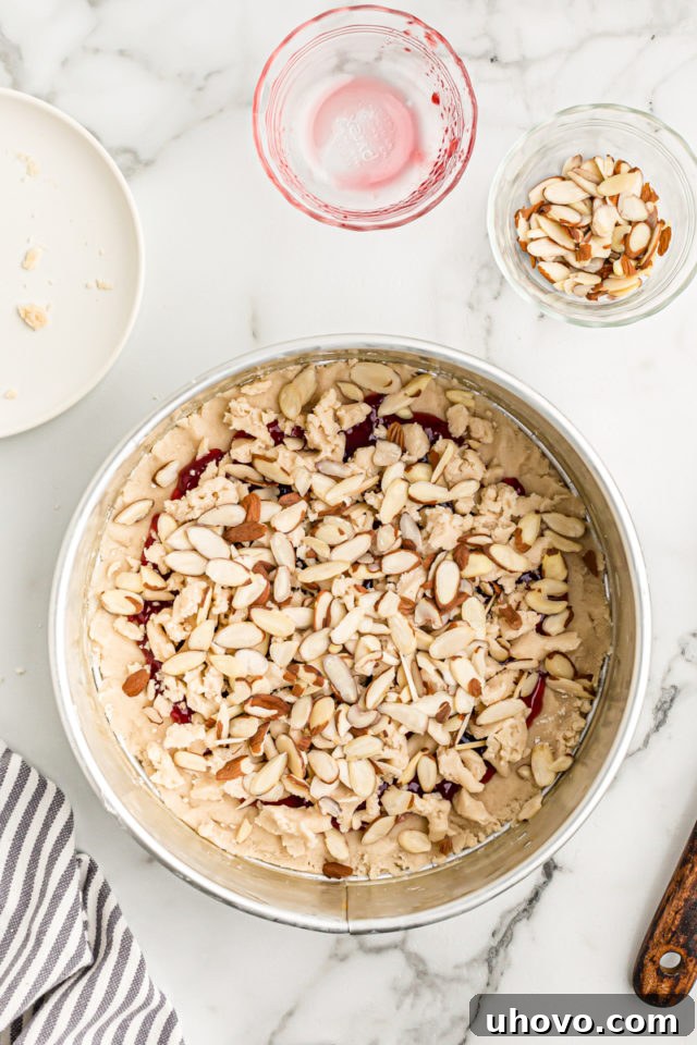 Overhead view of an assembled Italian Jam Crostata in a springform pan, topped with crumbled reserved dough and sliced almonds, ready for baking.