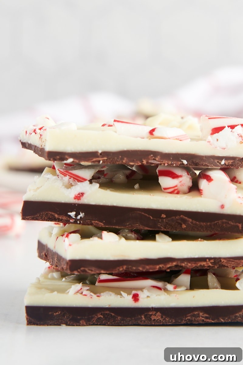 A close-up view of a beautifully stacked quartet of peppermint bark pieces, highlighting the distinct layers and vibrant candy topping.