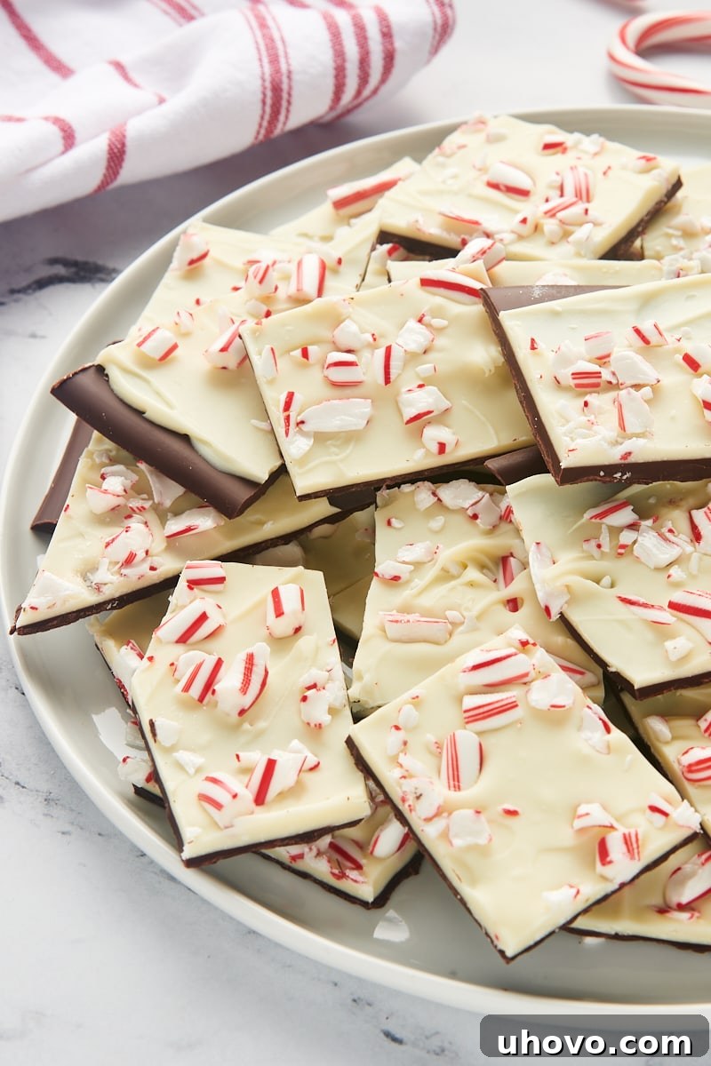 A generous serving of peppermint bark arranged on a large white plate, ready for consumption.