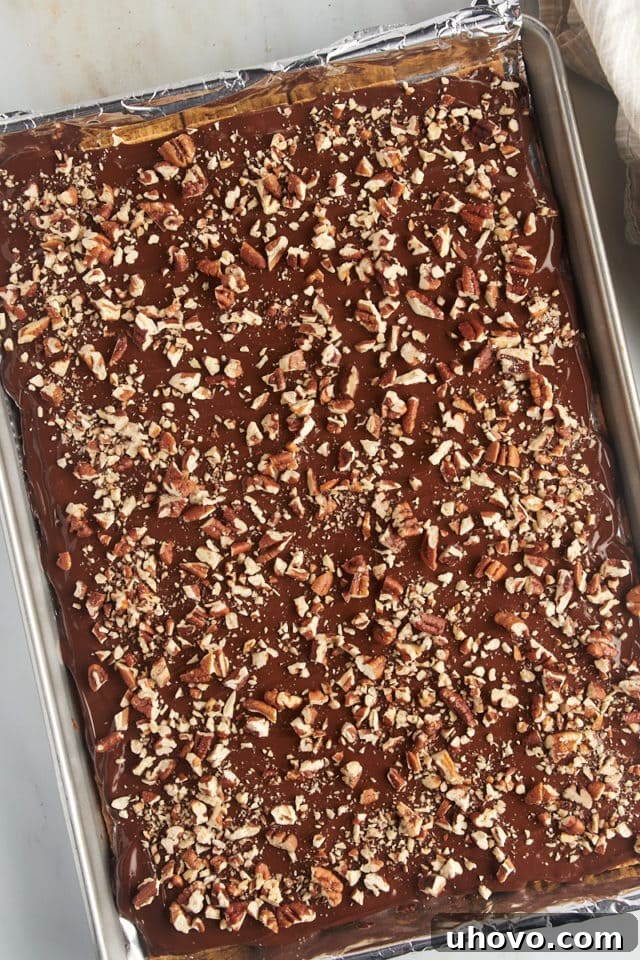 Overhead view of the finished Graham Cracker Toffee, generously topped with chopped toasted pecans.