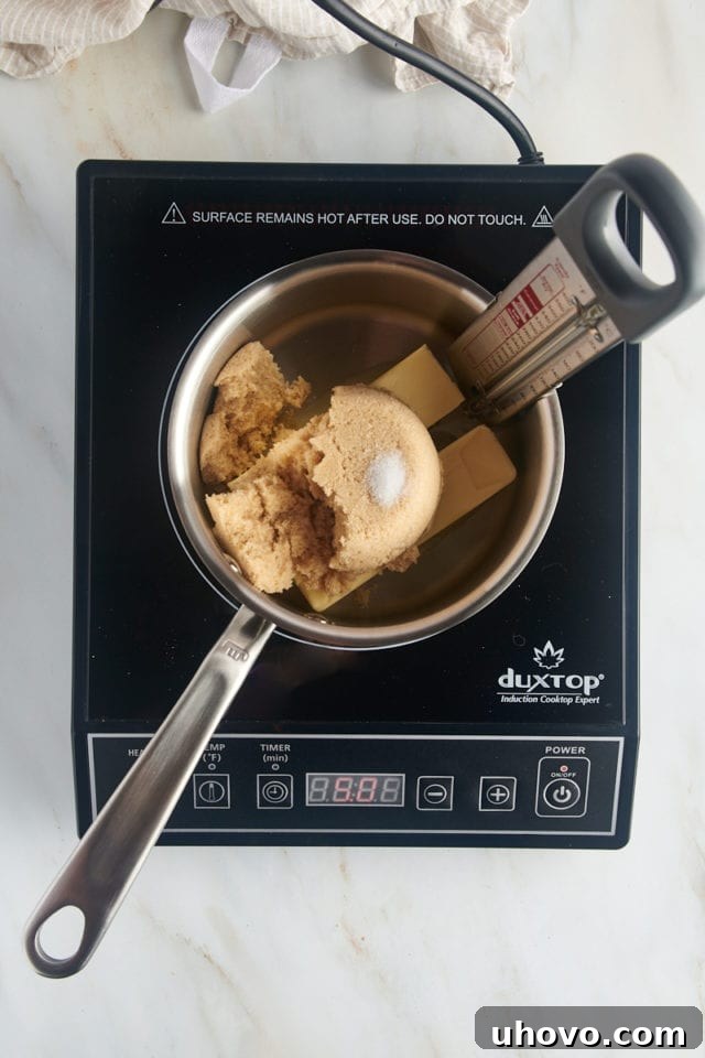 Overhead view of butter, brown sugar, and a pinch of salt combined in a saucepan with a candy thermometer attached to the side, ready for cooking.