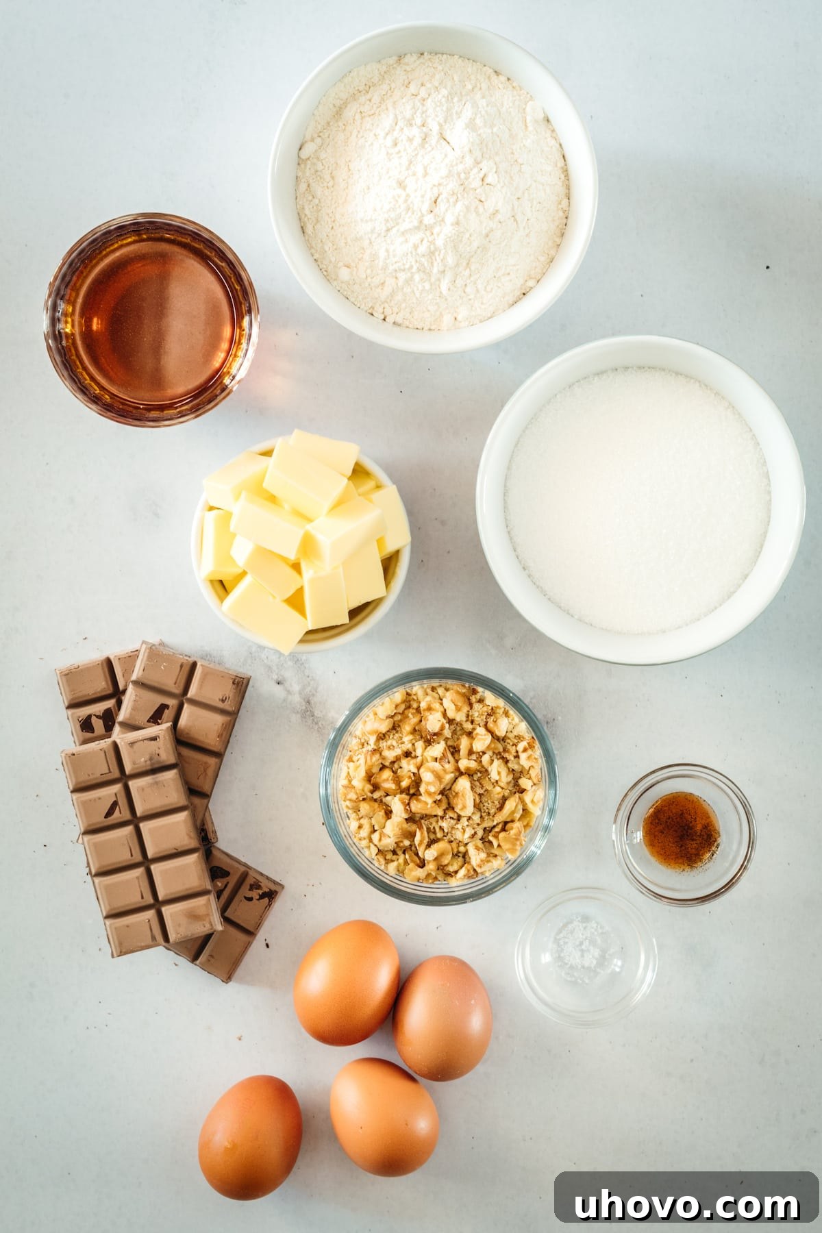 Overhead view of ingredients for chocolate pecan pie bars laid out
