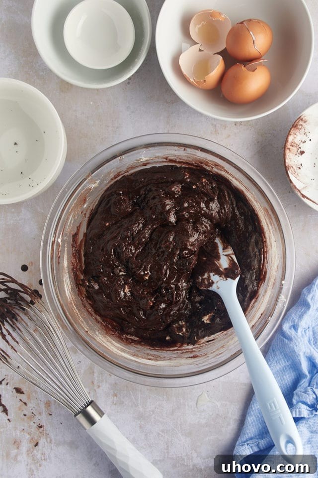 Overhead view of the finished brownie batter, thick and glossy, in a mixing bowl with a spatula.