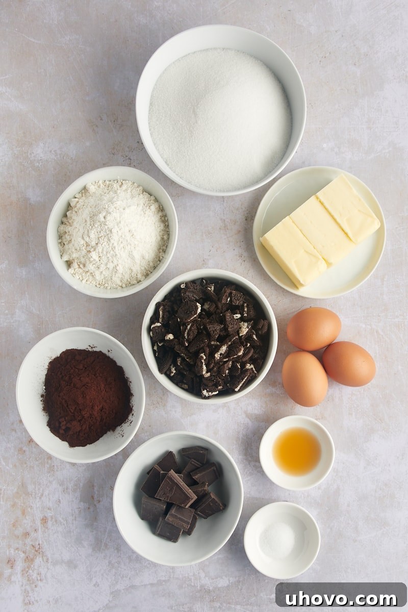 Overhead view of all the ingredients laid out for making delicious Oreo brownies.