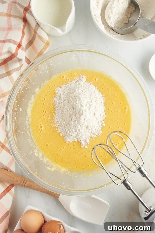 A portion of the whisked dry ingredients being carefully added to the wet cake batter mixture, preparing for gentle incorporation to maintain a tender crumb.