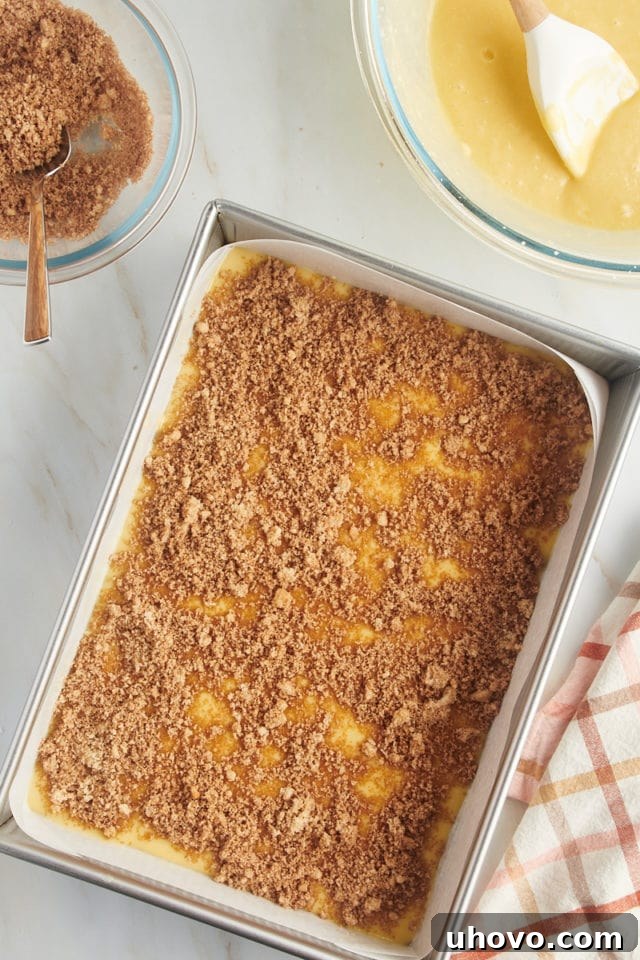 A generous layer of cinnamon-brown sugar filling carefully sprinkled over the first layer of cake batter, creating the signature swirl of the honey bun cake.