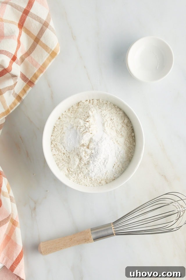 An overhead shot showing the dry cake ingredients—flour, baking powder, baking soda, and salt—meticulously measured in a bowl, awaiting whisking.