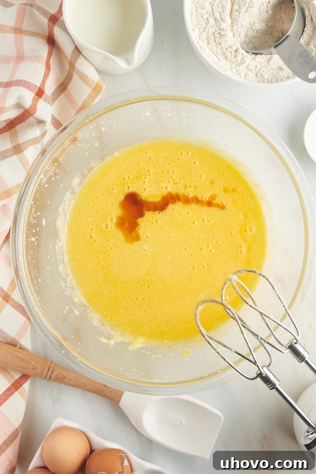 A small stream of vanilla extract being poured into the wet ingredients, adding its aromatic essence to the developing cake batter for a rich flavor.
