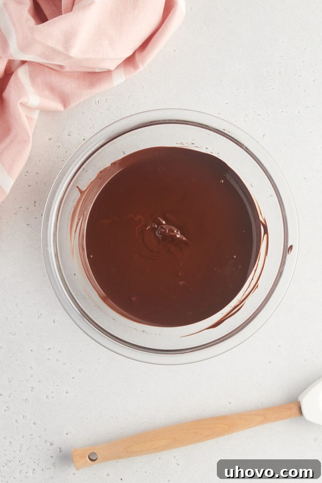 Overhead view of melted dark chocolate in a glass bowl, smooth and ready to be spread.