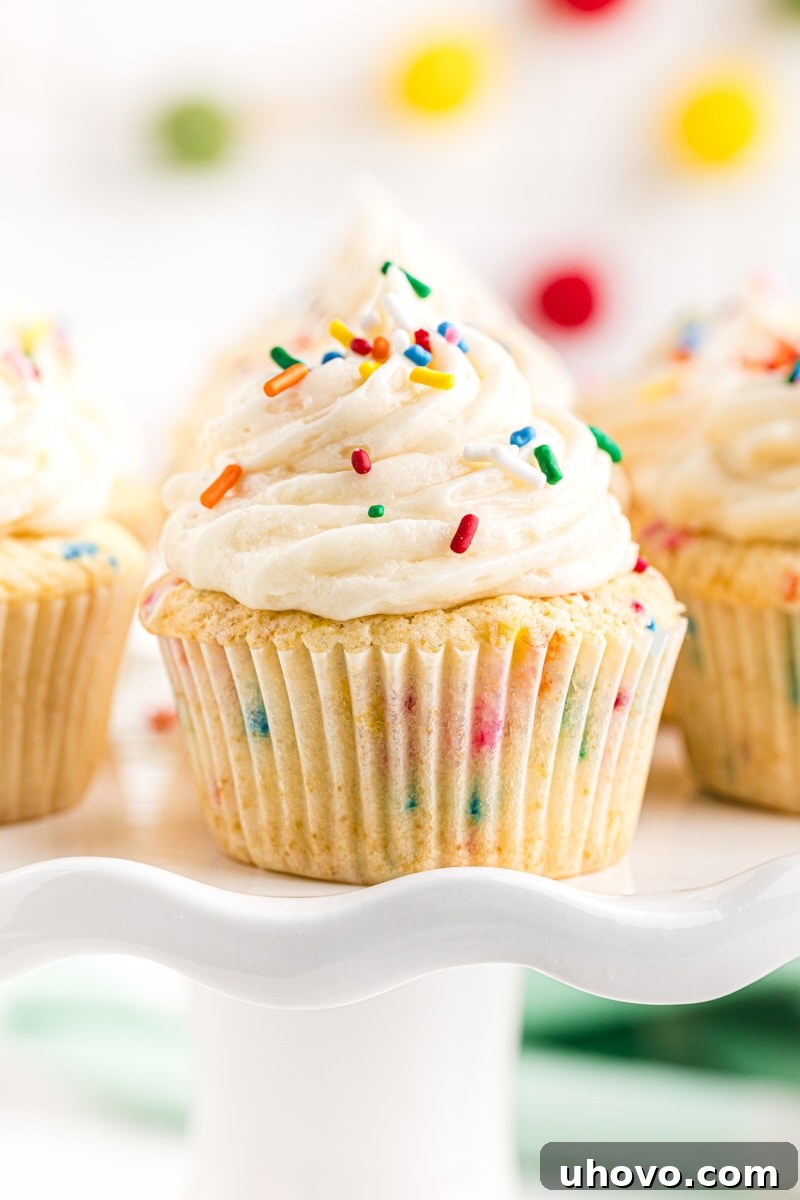 A beautifully decorated confetti cupcake resting on a white cake stand, with more festive cupcakes blurred in the background, ready for celebration.