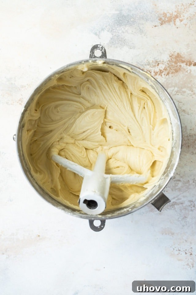 Overhead view of smooth, light-colored cake batter for Butter Pecan Cake in a large mixing bowl, ready for baking.