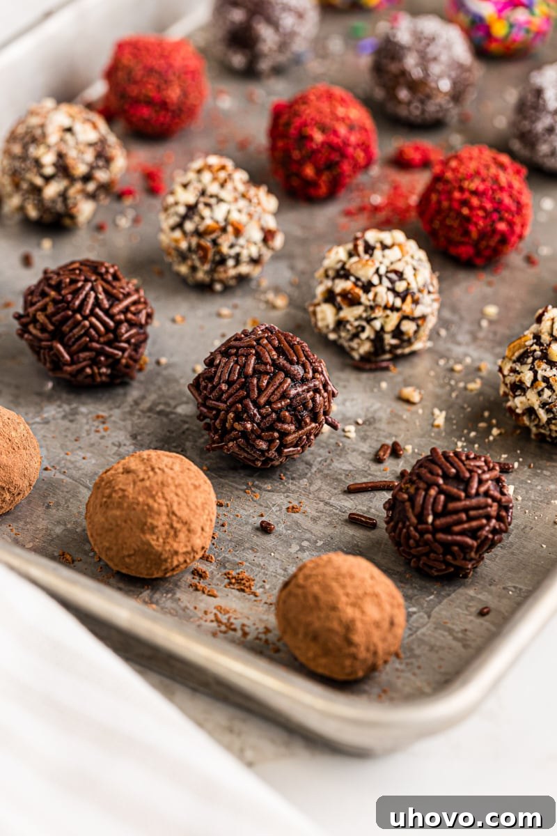A baking sheet filled with a batch of freshly made chocolate truffles, some coated, some plain, showcasing the variety and readiness for serving.
