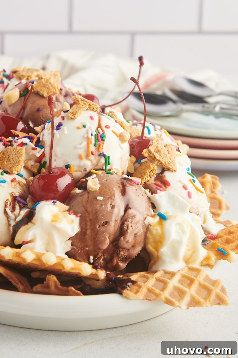 A large white platter generously piled with various scoops of ice cream, broken waffle cone pieces, and a colorful array of toppings like sprinkles, sauces, and chopped nuts.
