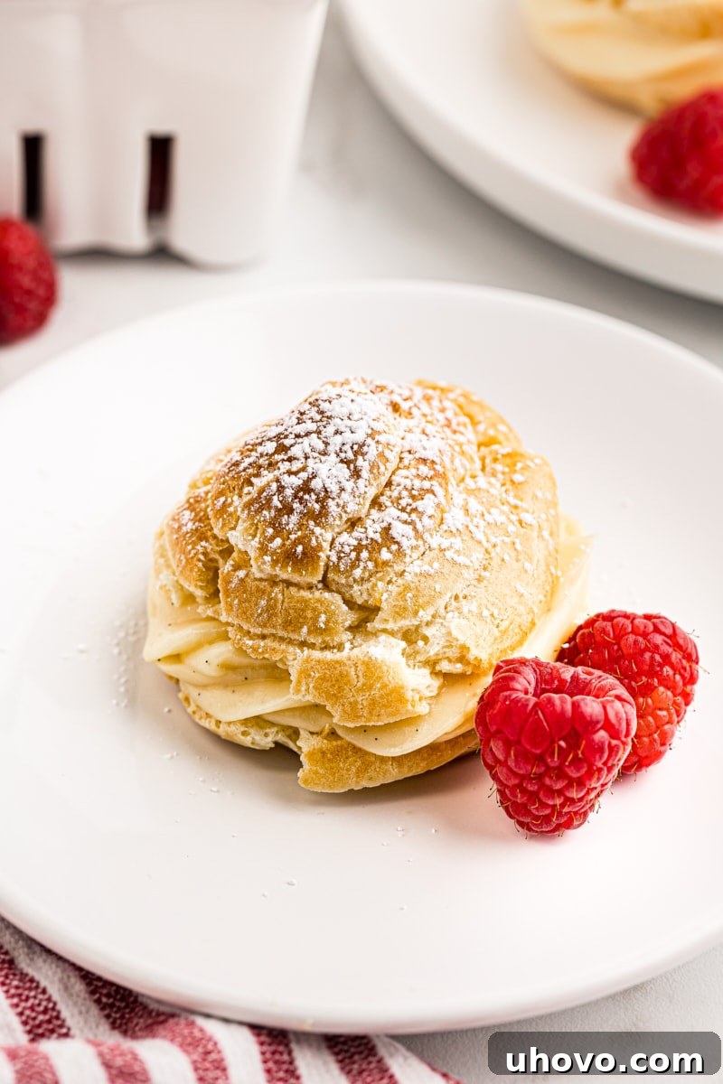 A single beautifully piped cream puff and two fresh raspberries elegantly presented on a small white plate.