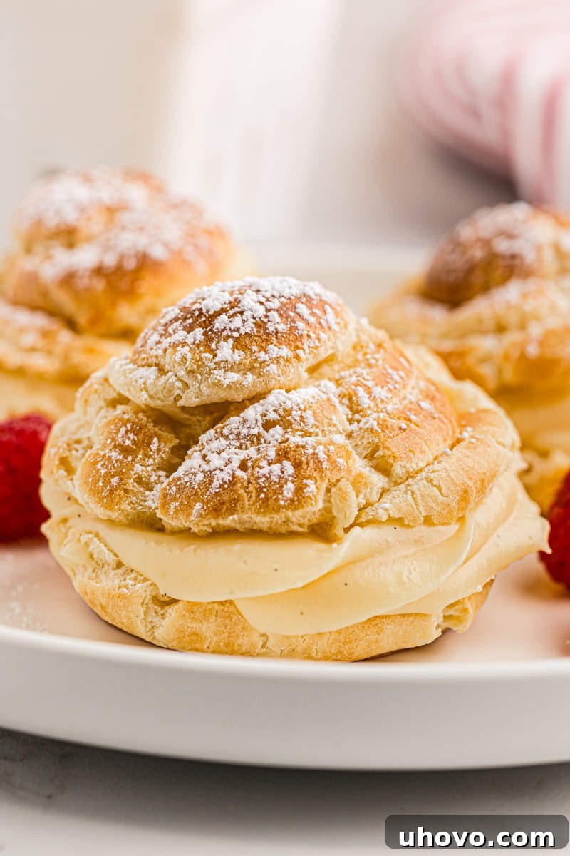 Three golden-brown cream puffs filled with cream and dusted with powdered sugar, arranged neatly on a white plate, ready to be enjoyed.