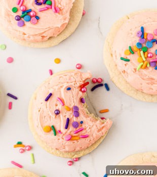 overhead view of a Lofthouse cookie with a bite missing surrounded by more cookies and sprinkles