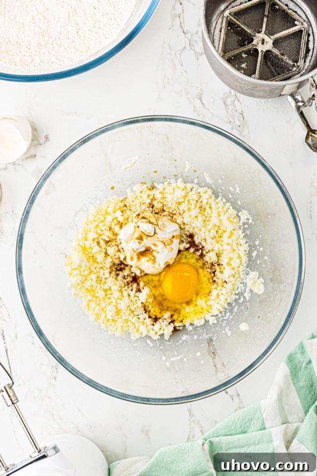 Overhead view of egg, room temperature sour cream, and vanilla extract added to the creamed butter and sugar mixture.