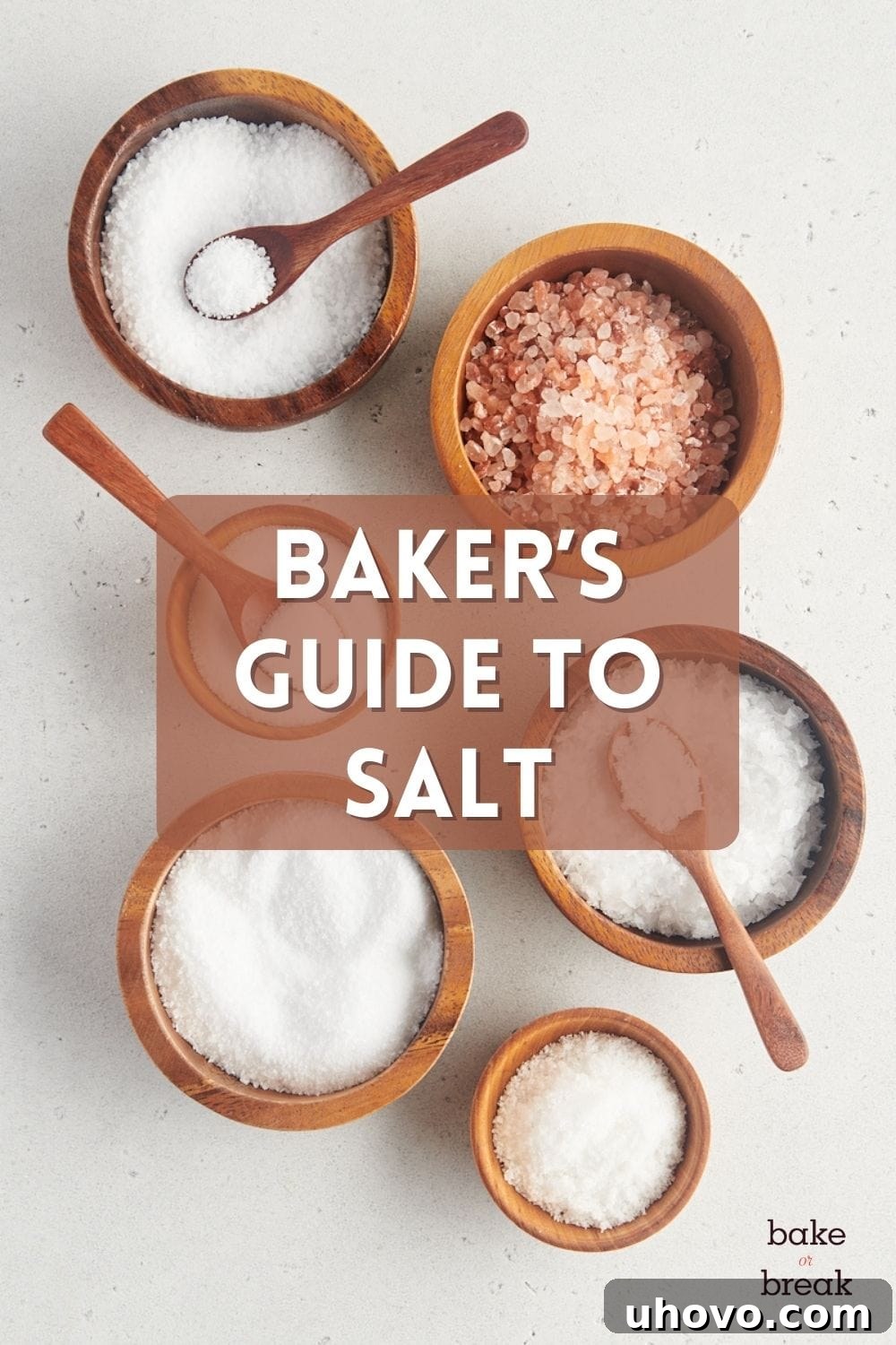 different types of salt in small wooden bowls; text overlay 