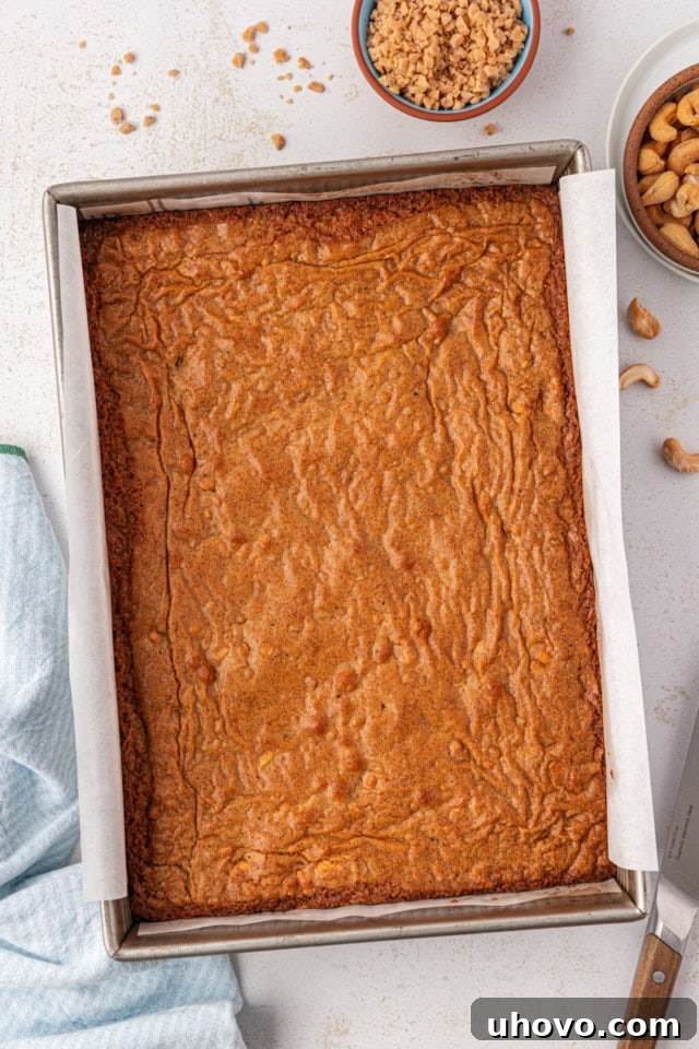 Overhead view of a perfectly baked pan of golden brown butter blondies, slightly puffed and ready to cool.