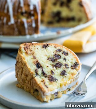 A slice of Chocolate Chip Almond Cake on a light gray plate, showcasing its moist texture and chocolate chips.
