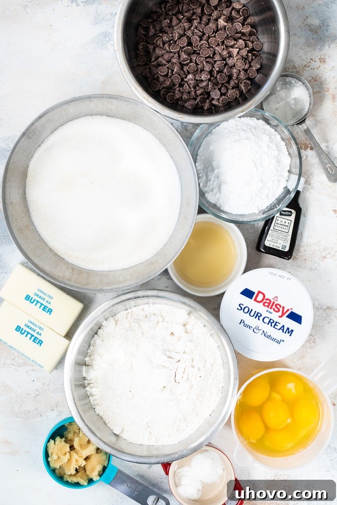 A flat lay photograph showcasing all the fresh ingredients required to bake the delicious Chocolate Chip Almond Cake on a rustic wooden surface.