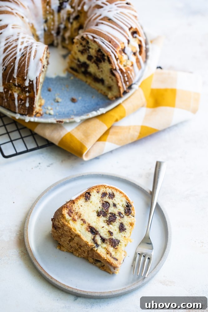 A beautiful slice of Chocolate Chip Almond Bundt Cake displayed on a gray plate, with the remainder of the elegant Bundt cake visible in the background.