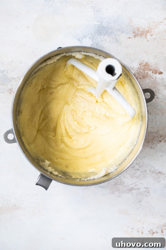 An overhead view capturing the perfectly mixed, smooth cake batter swirling within a large mixing bowl, showcasing its readiness for baking.