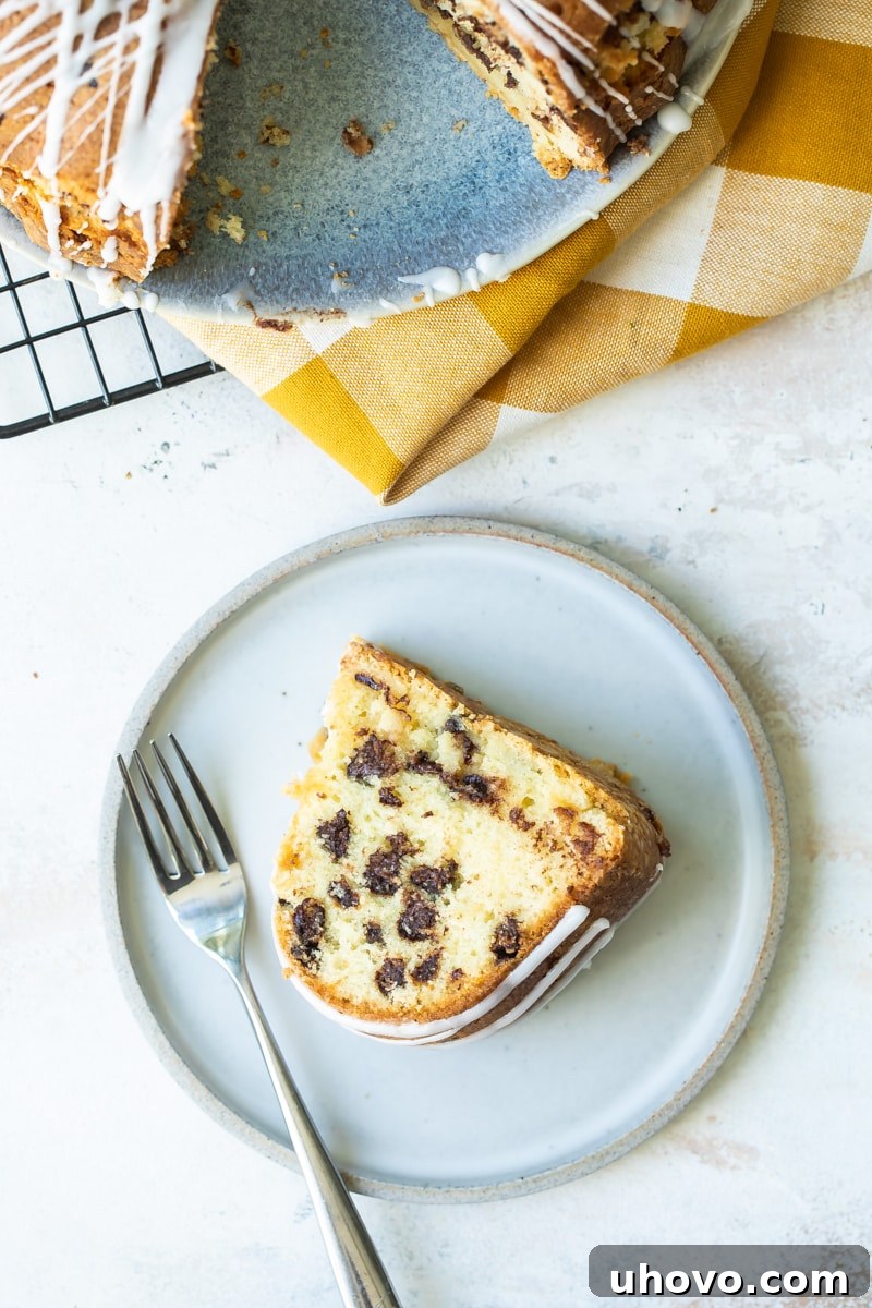 A mouthwatering overhead shot of a slice of Chocolate Chip Almond Bundt Cake on a stylish gray plate, with the rest of the beautifully baked cake sitting on a cake stand in the background.