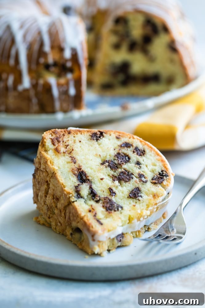 A close-up view of a single, delectable slice of Chocolate Chip Almond Bundt Cake elegantly presented on a light gray plate.