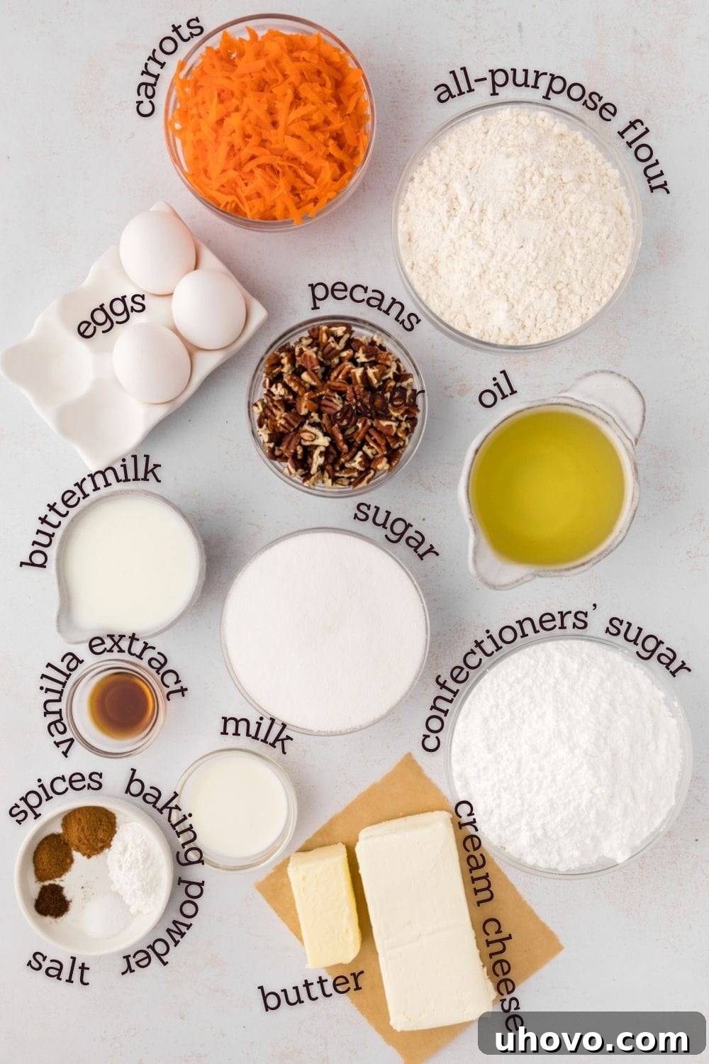 overhead view of ingredients for carrot cake
