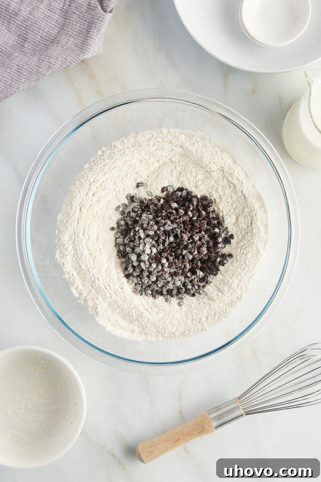A vibrant handful of dried currants is being stirred into the dry flour mixture in a glass mixing bowl, ensuring even distribution.